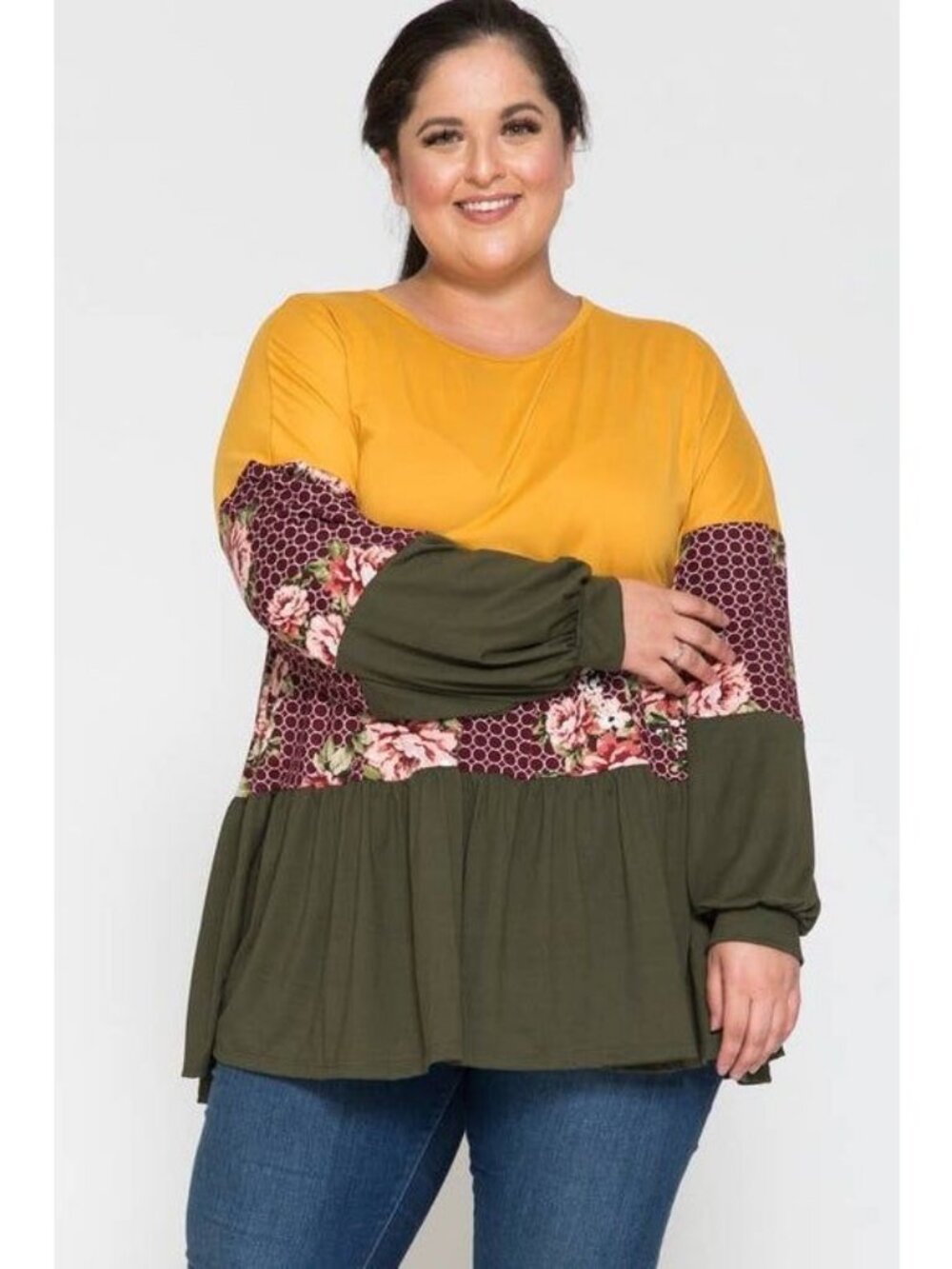 Colorblock Floral Tunic Top With Honeycomb & Floral Paneling Balloon Sleeves Plu
